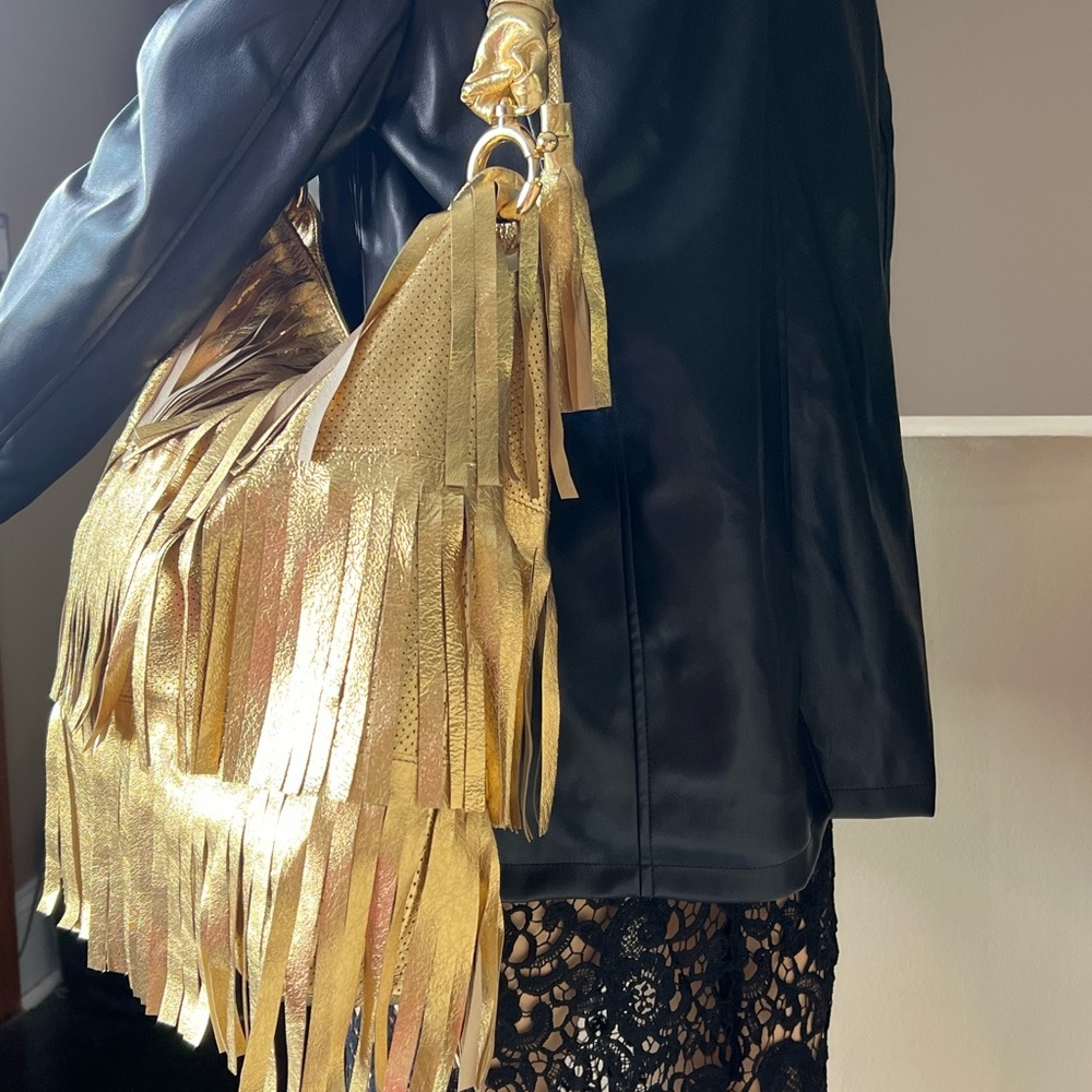 GOLDENBLEU Gold Genuine Leather Fringe Handbag - Picture 5 of 16